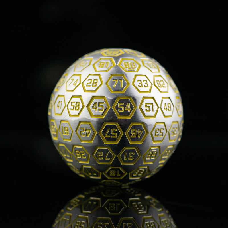 Load image into Gallery viewer, The Orb D100 -  Neon Yellow and Matte Silver Metal Die
