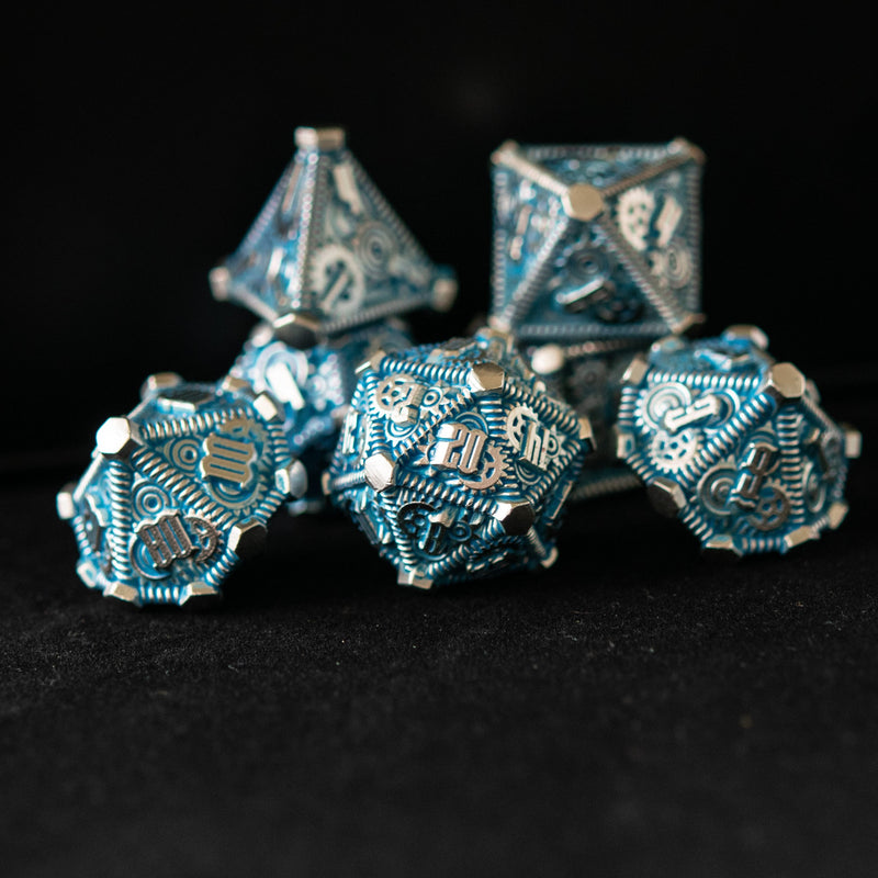 Load image into Gallery viewer, Aqua and Silver - Weird West Wasteland Metal Dice Set
