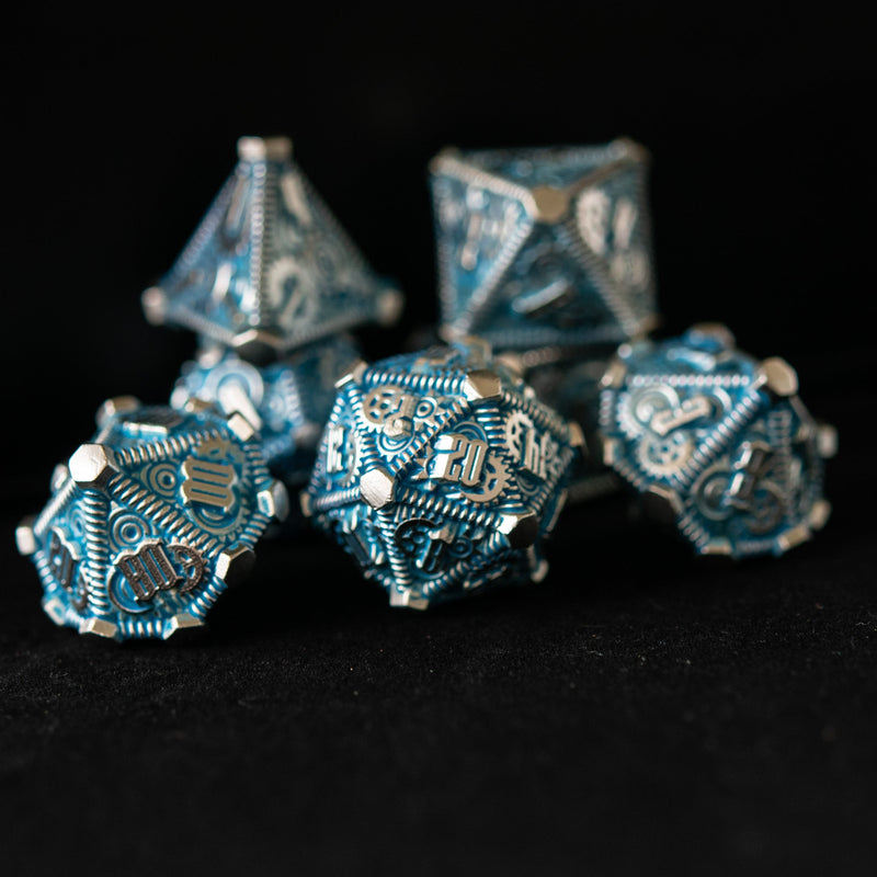 Load image into Gallery viewer, Aqua and Silver - Weird West Wasteland Metal Dice Set
