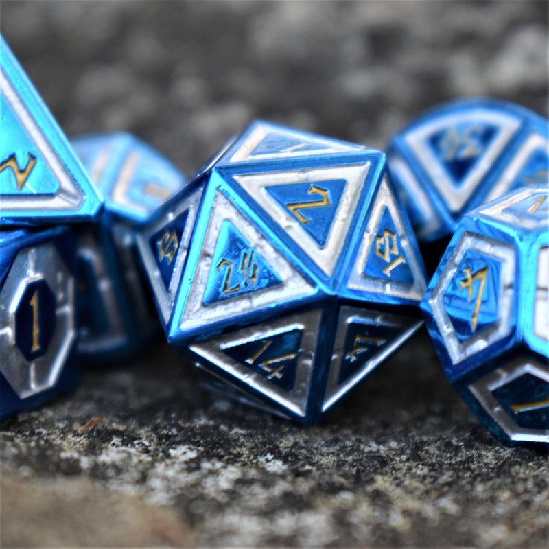 Load image into Gallery viewer, Cleric&#39;s Domain Blue And White Metal Dice Set
