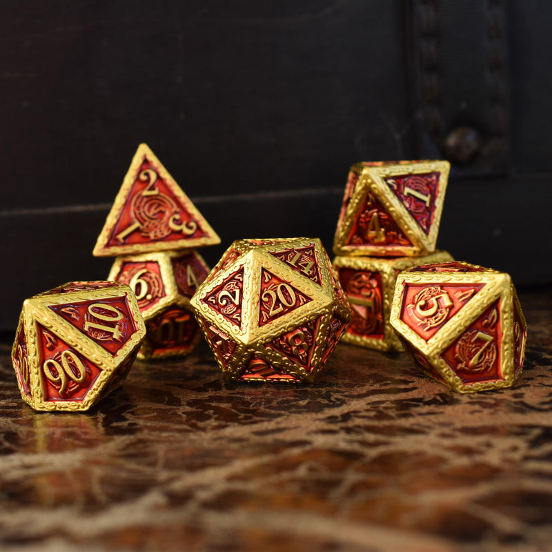 Load image into Gallery viewer, Ballad of the Bard Red and Gold Metal Dice Set
