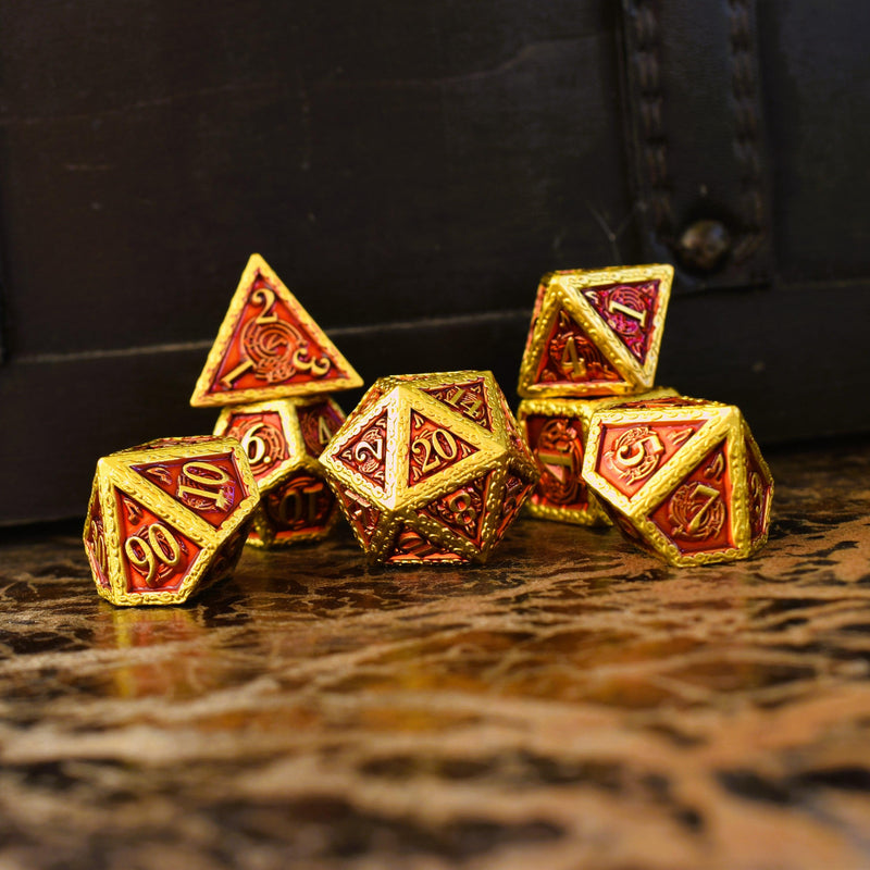 Load image into Gallery viewer, Ballad of the Bard Red and Gold Metal Dice Set
