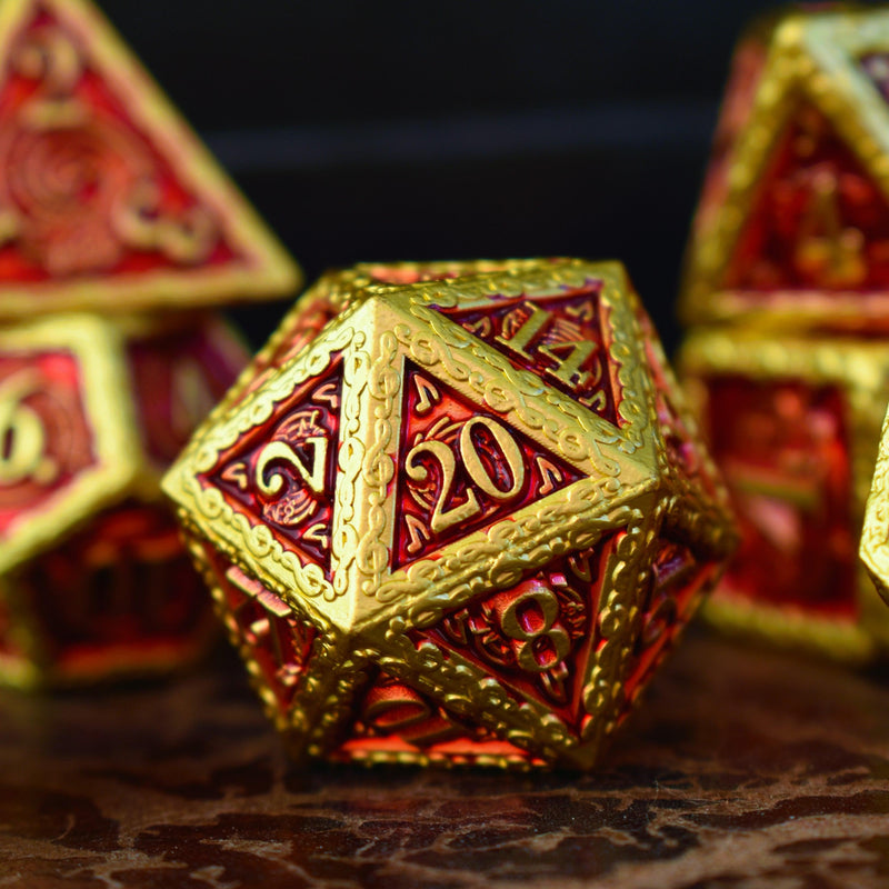 Load image into Gallery viewer, Ballad of the Bard Red and Gold Metal Dice Set
