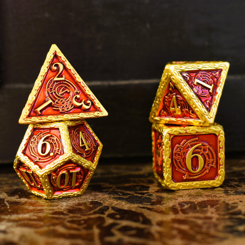 Load image into Gallery viewer, Ballad of the Bard Red and Gold Metal Dice Set
