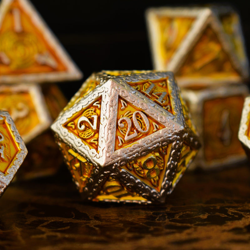 Load image into Gallery viewer, Ballad of the Bard Gold and Silver Metal Dice Set
