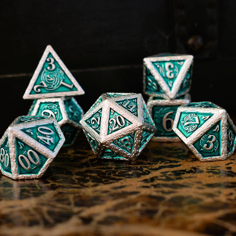 Load image into Gallery viewer, Ballad of the Bard Green and Silver Metal Dice Set
