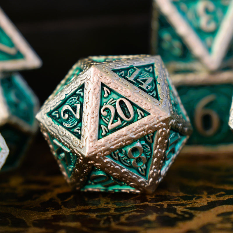 Load image into Gallery viewer, Ballad of the Bard Green and Silver Metal Dice Set
