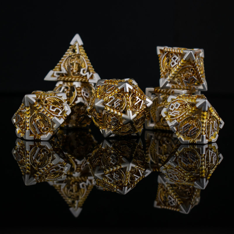 Load image into Gallery viewer, Dragonguard Hollow Metal Dice Set - Gold and Silver
