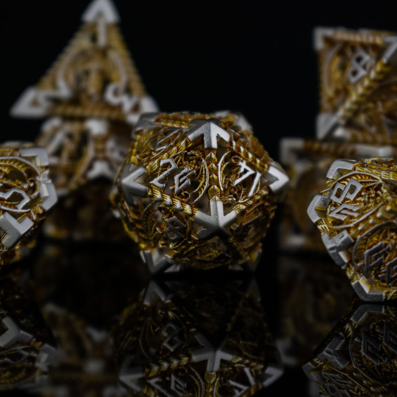 Load image into Gallery viewer, Dragonguard Hollow Metal Dice Set - Gold and Silver
