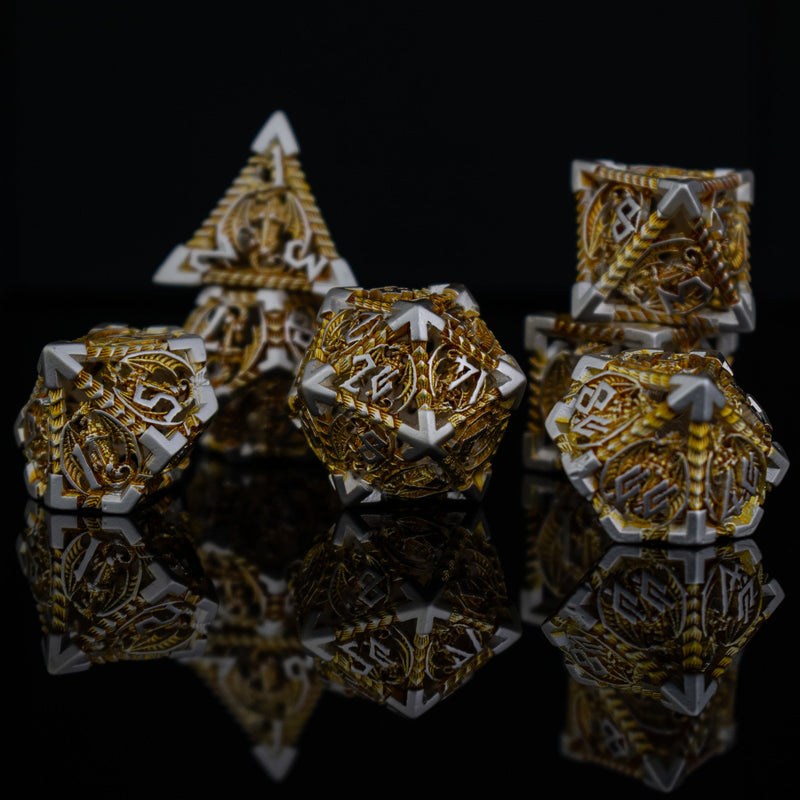 Load image into Gallery viewer, Dragonguard Hollow Metal Dice Set - Gold and Silver
