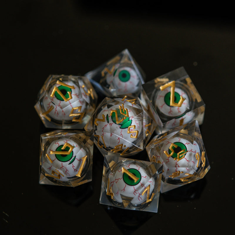 Load image into Gallery viewer, The Watcher: Green-Eyed Liquid Core Dice Set
