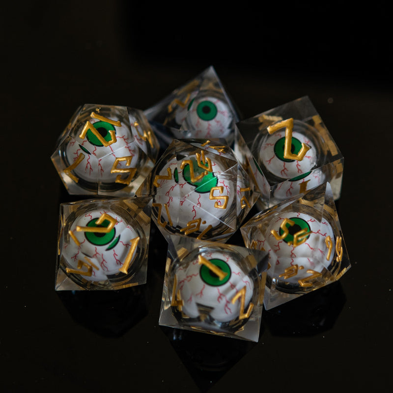 Load image into Gallery viewer, The Watcher: Green-Eyed Liquid Core Dice Set
