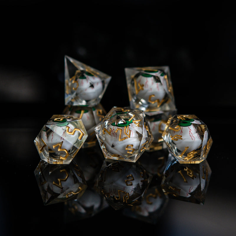 Load image into Gallery viewer, The Watcher: Green-Eyed Liquid Core Dice Set
