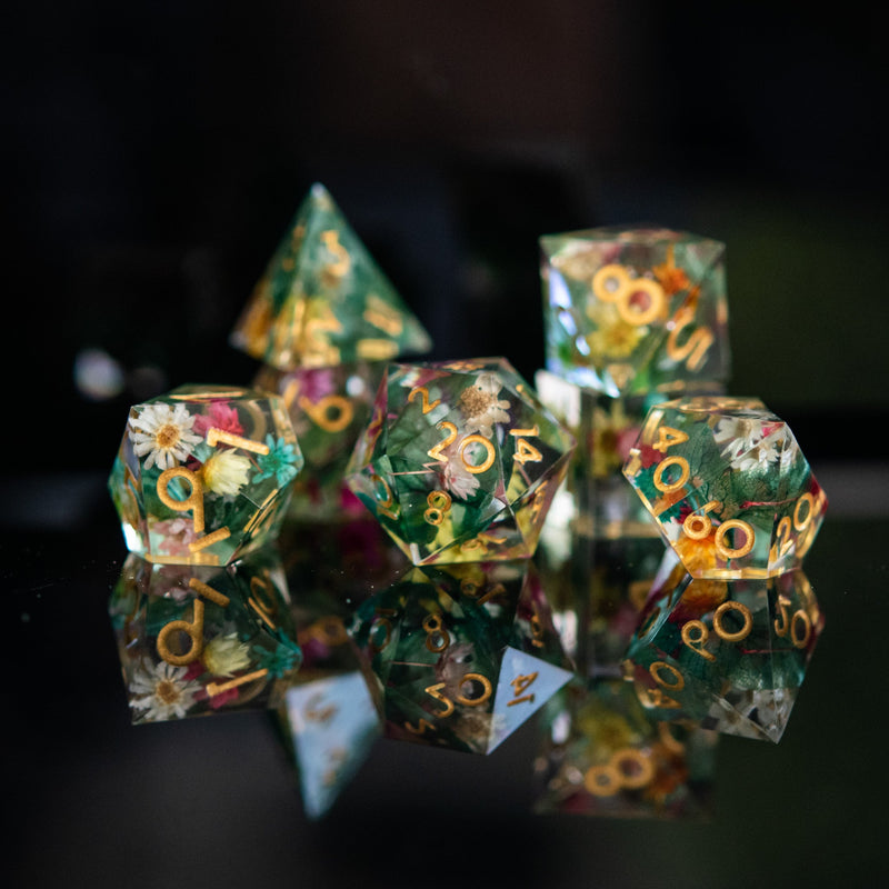 Load image into Gallery viewer, Botanical Gardens Sharp-Edged Resin Dice Set
