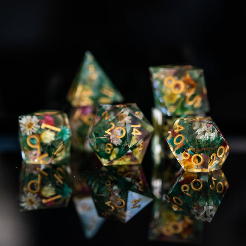 Load image into Gallery viewer, Botanical Gardens Sharp-Edged Resin Dice Set
