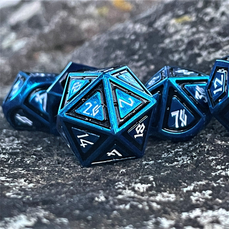 Load image into Gallery viewer, Cleric&#39;s Domain Black And Blue Metal Dice Set
