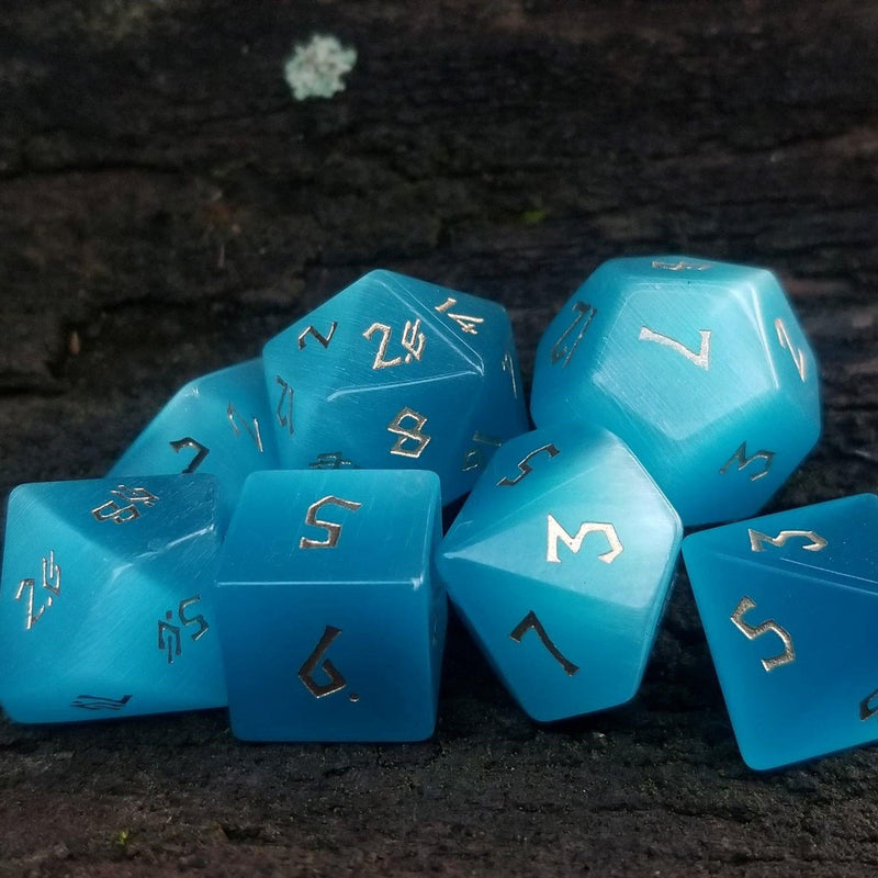 Load image into Gallery viewer, Aqua Blue Cat&#39;s Eye Stone Dice Set
