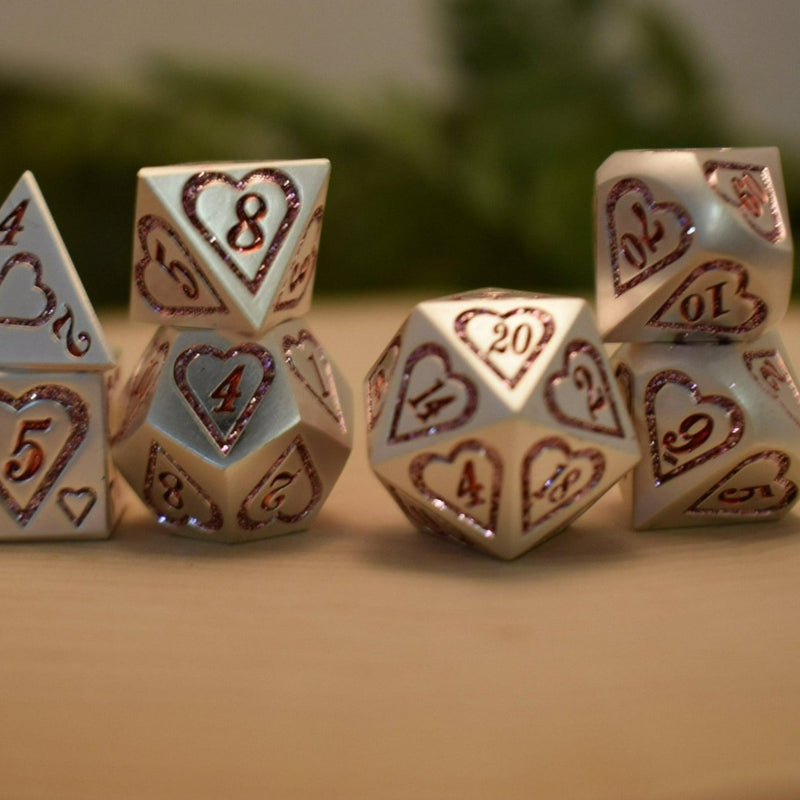 Load image into Gallery viewer, Valentine Pink and Silver Heart Metal Dice Set
