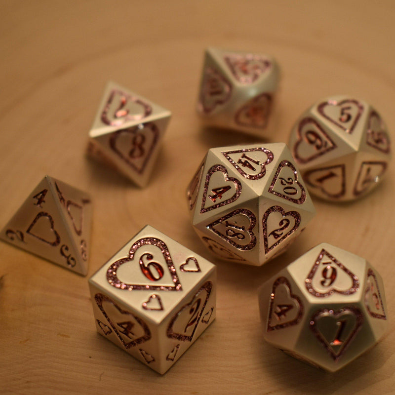 Load image into Gallery viewer, Valentine Pink and Silver Heart Metal Dice Set
