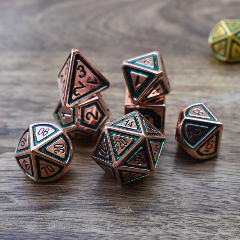 Load image into Gallery viewer, Cleric&#39;s Domain Green And Bronze Metal Dice Set
