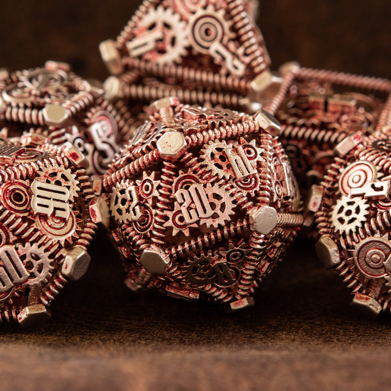 Load image into Gallery viewer, Weird West Wasteland Hollow Metal Dice Set - Red and Silver
