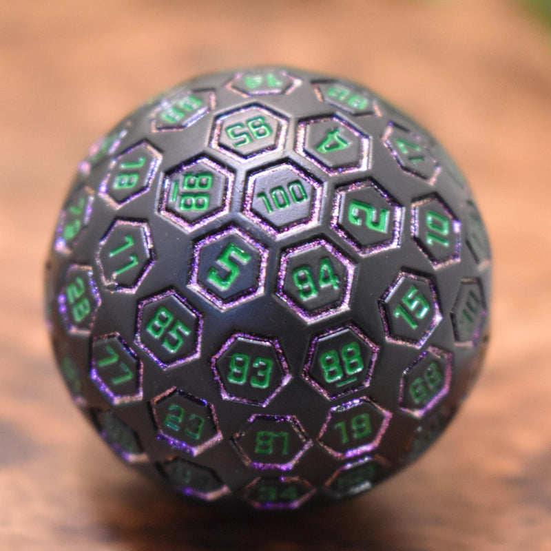 Load image into Gallery viewer, The Orb D100 -  Purple, Green, and Black Metal Die
