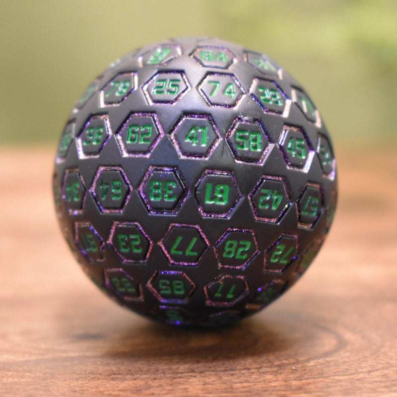 Load image into Gallery viewer, The Orb D100 -  Purple, Green, and Black Metal Die
